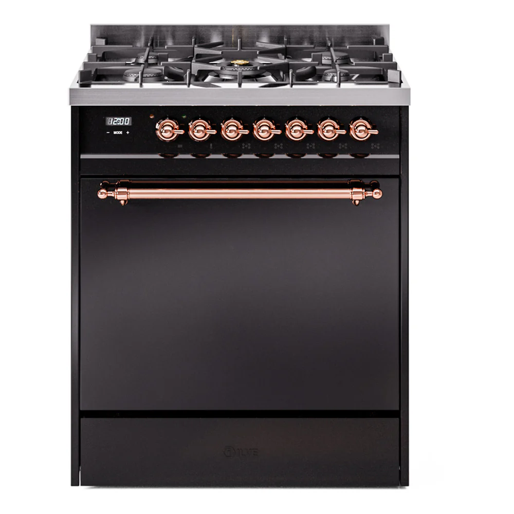 ILVE Nostalgie II 30-Inch Dual Fuel Range with Solid Door in Glossy Black with Copper Trim (UP30QNMPBKP)