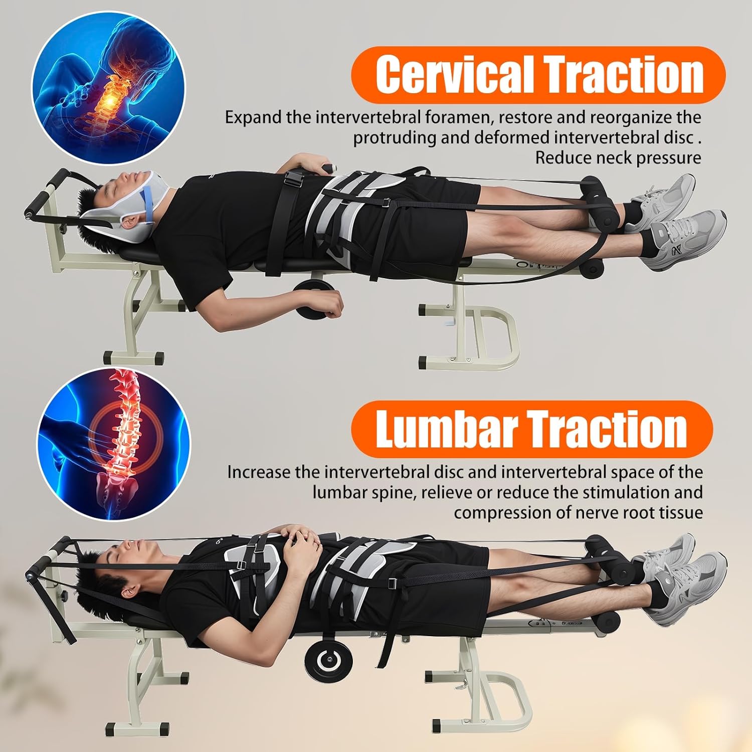 Manual Traction Bed,Manual Lumbar Decompression Device, Home Use Back Stretcher for Pain Relief, 330 lbs Capacity, Targets Neck, Shoulder & Sciatica, Compact for Home/Gym/Office