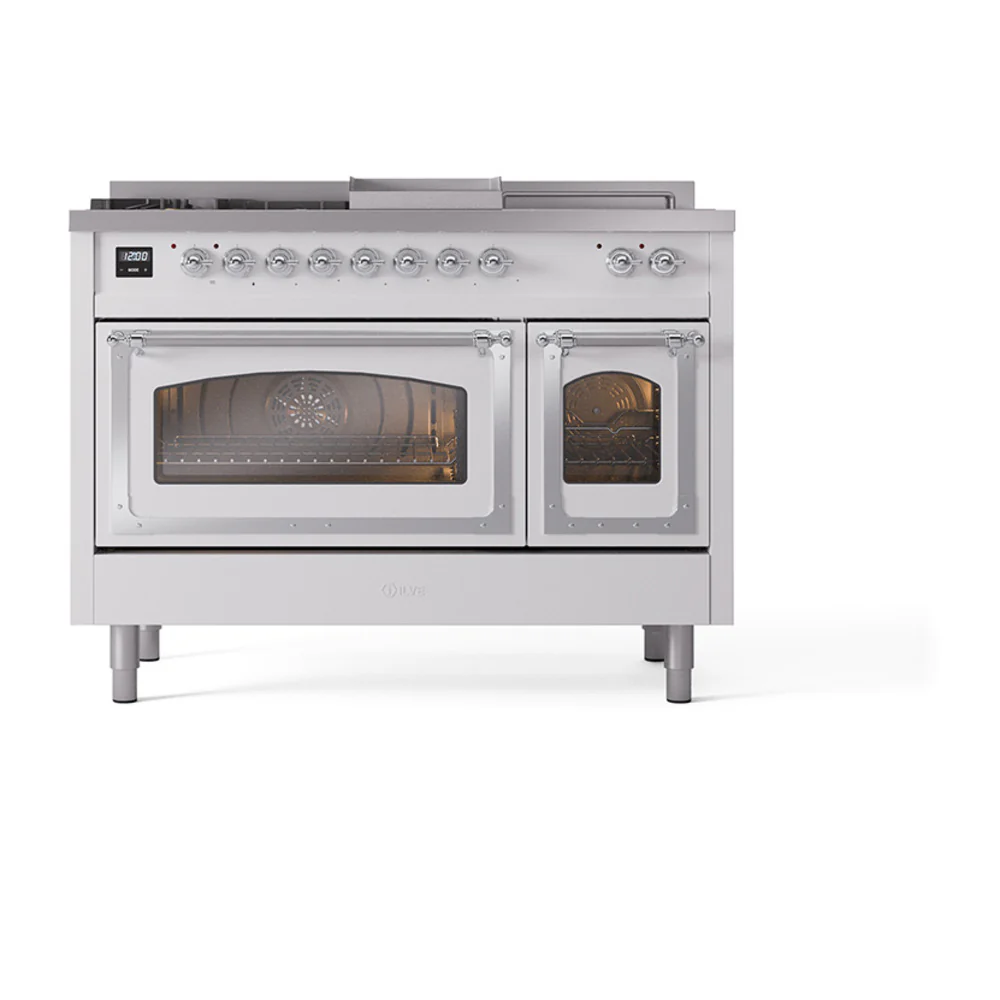 ILVE 48-Inch Nostalgie II Noblesse Dual Fuel Range with 5 Sealed Burners, Griddle, French Top and Triple Glass Door Oven in Custom RAL with Chrome Trim (UN48FSNMPRAC)