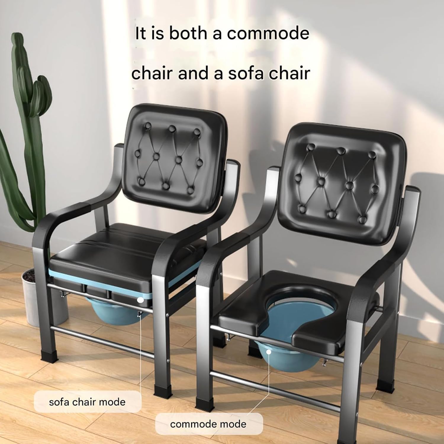 Bedside Commode Chair, Elderly Mobile Toilet Stool, Adjustable Height Bedside Commodes for Seniors, Pregnant Women, with Padded Backrest, Arm Support