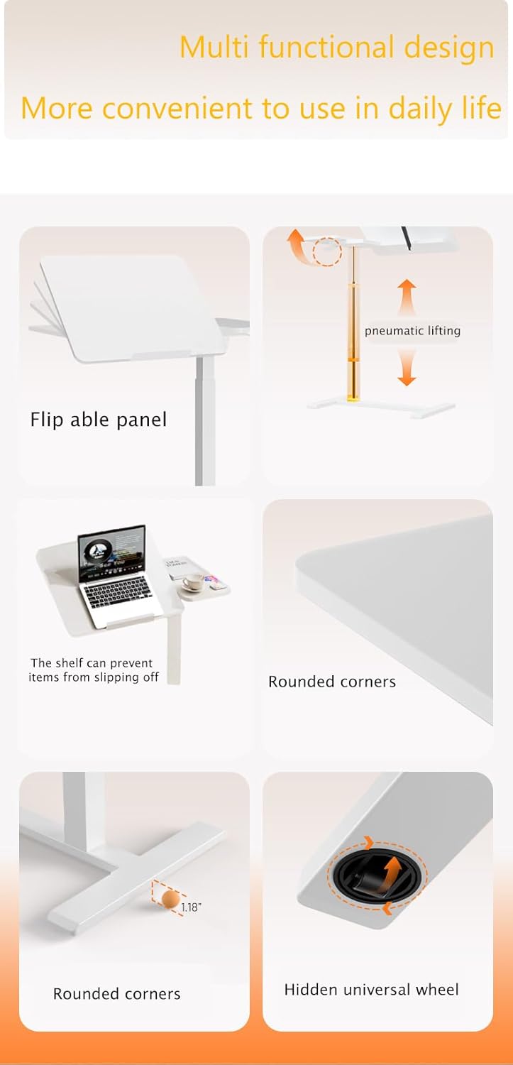 KEIKI Overbed Bedside Desk, Mobile Rolling Laptop Stand Tilting Overbed Table with Wheels, Height Adjustable Tray Bedside Table for Laptop Bed Sofa, White