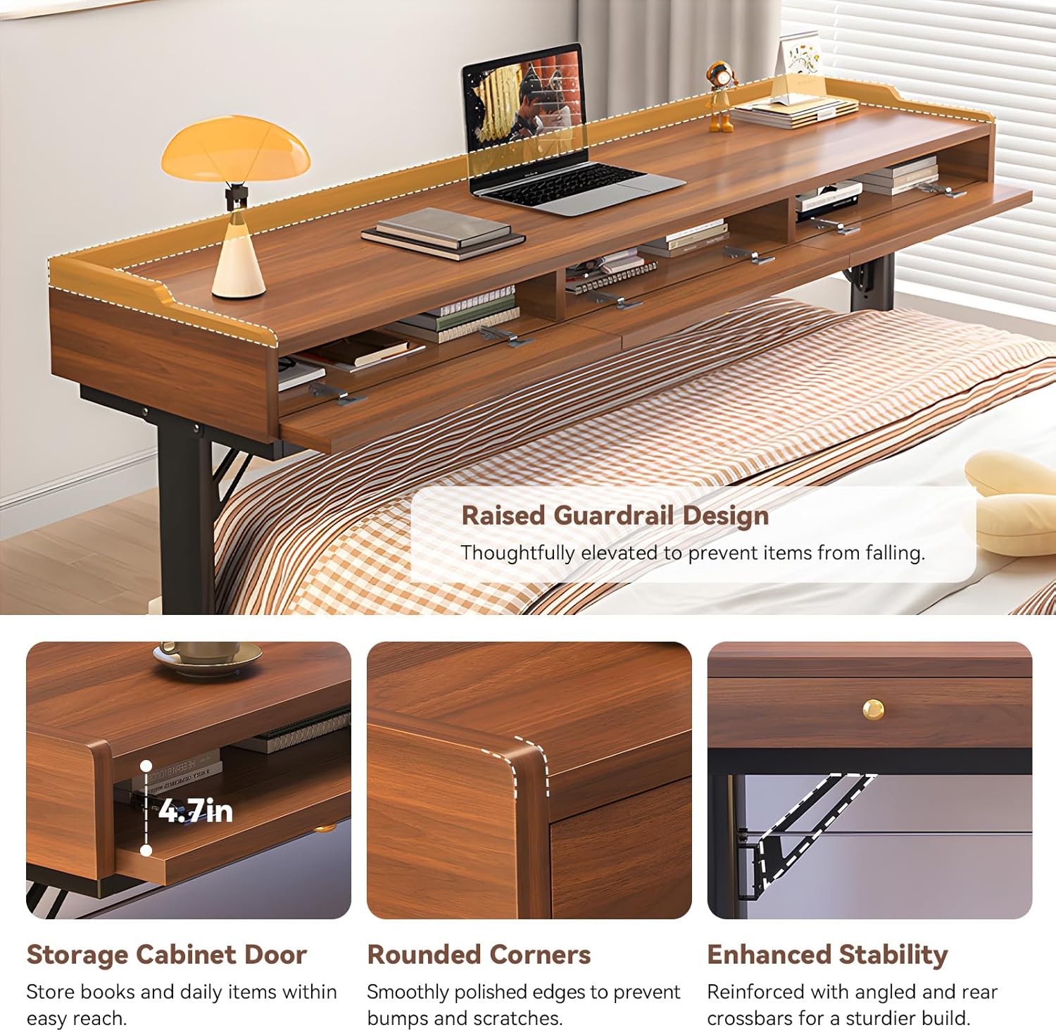 Over Bed Desk, Adjustable Height Overbed Table with Wheels & Hand Crank, Giant Portable Desk Over Bed for Laptop, Reading & Home Office, Fits Twin/Full/Queen/King Beds