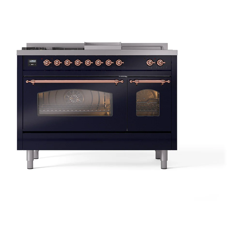 ILVE Nostalgie II 48-Inch Dual Fuel Range with 5 Burners, Griddle, & French Top with Triple Glass Door Oven in Midnight Blue with Copper Trim (UP48FSNMPMBP)