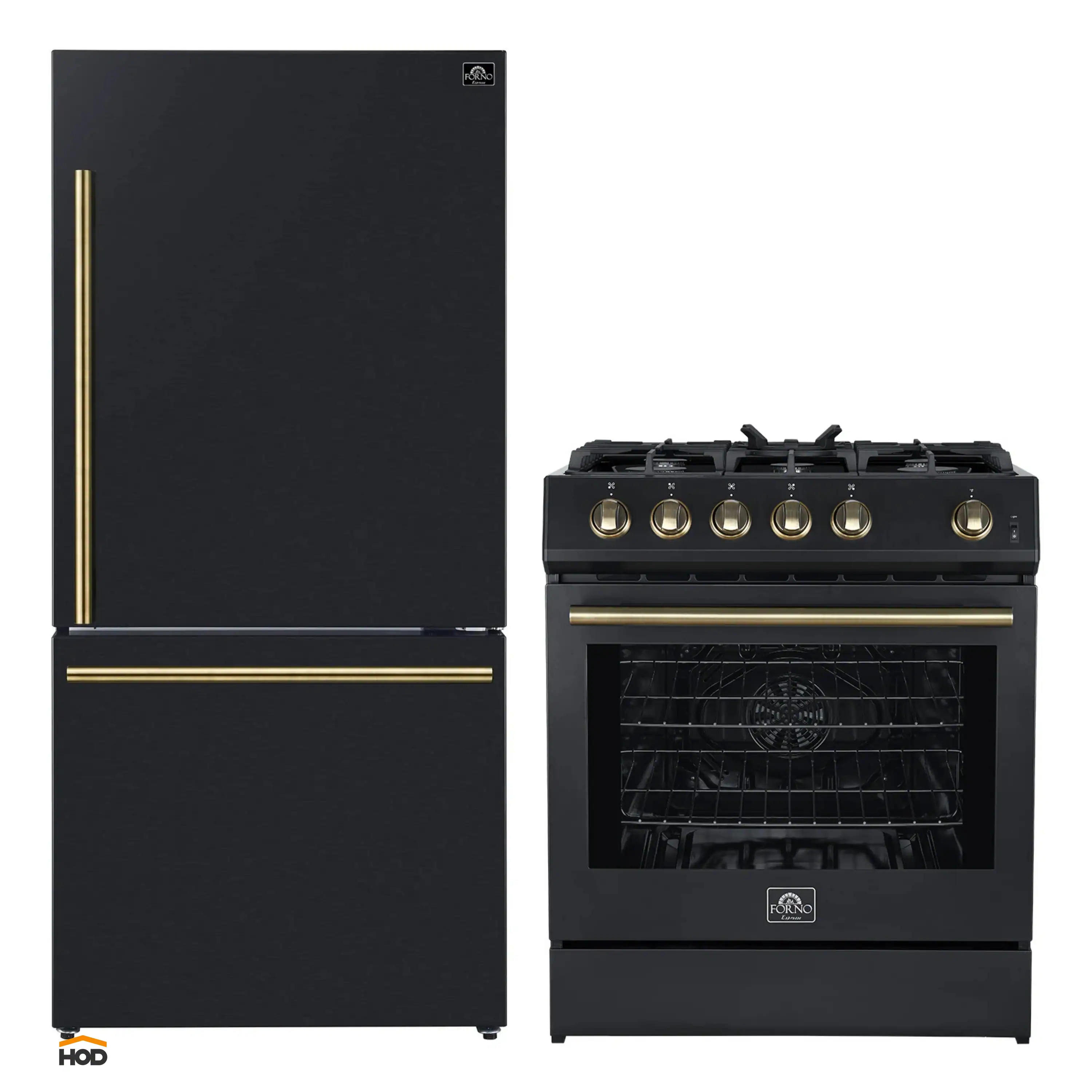 Forno 2-Piece Appliance Package - 30-Inch Gas Range & Refrigerator in Black with Antique Brass Trim