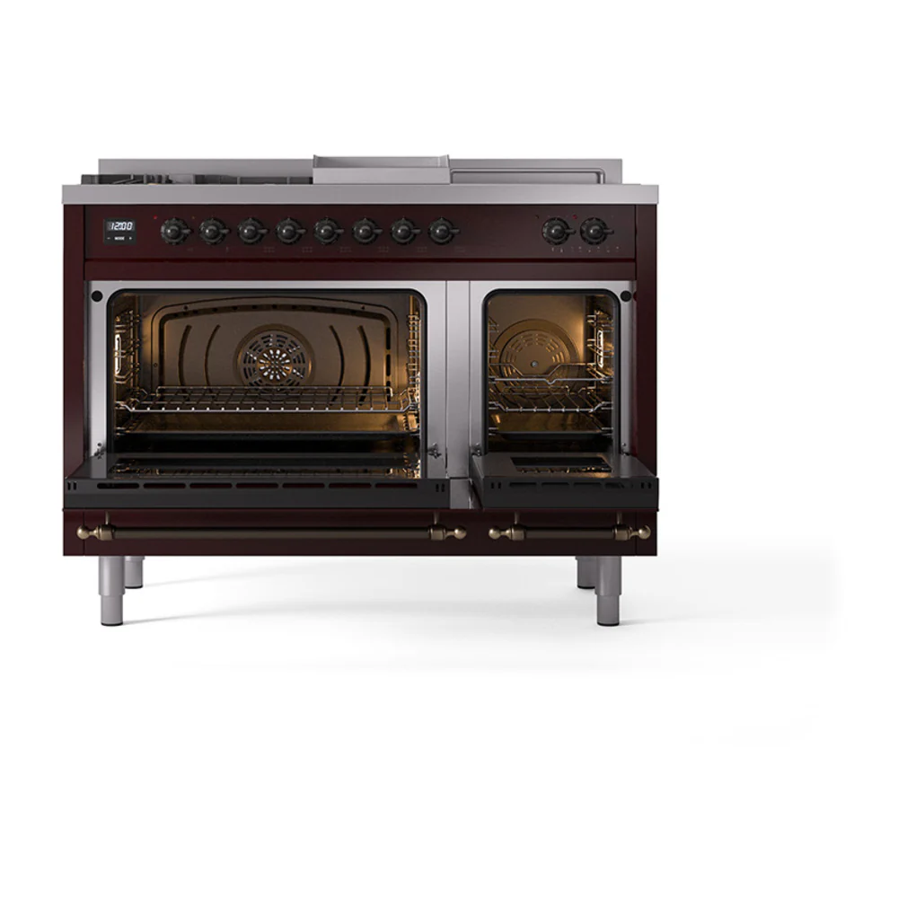 ILVE 48-Inch Nostalgie II Noblesse Dual Fuel Range with 5 Sealed Burners, Griddle, French Top and Solid Door Oven in Burgundy with Bronze Trim (UN48FSQNMPBUB)