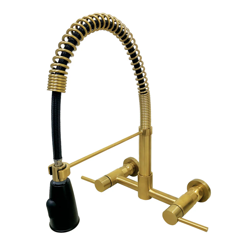 Kingston Brass Gourmetier Concord Double-Handle Wall-Mount Pre-Rinse Bridge Kitchen Faucet, Brushed Brass (GS8287DL)