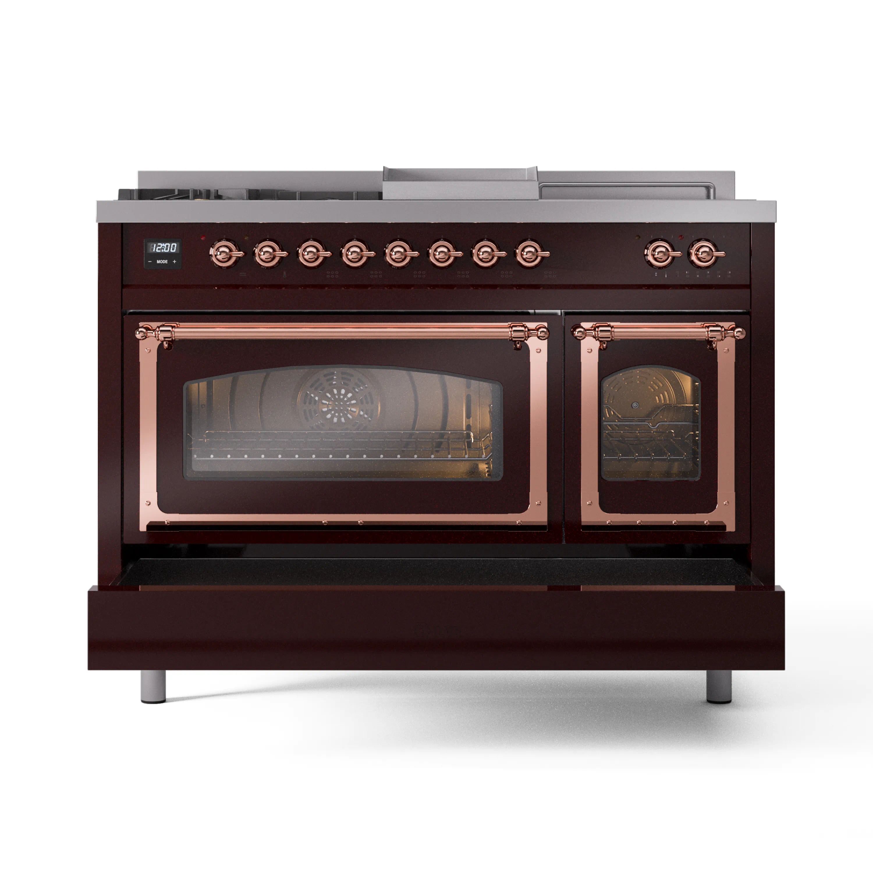 ILVE Nostalgie II Noblesse 48-Inch Dual Fuel Range with 5 Burners, Griddle, & French Top with Triple Glass Door Oven in Burgundy with Copper Trim (UN48FSNMPBUP)