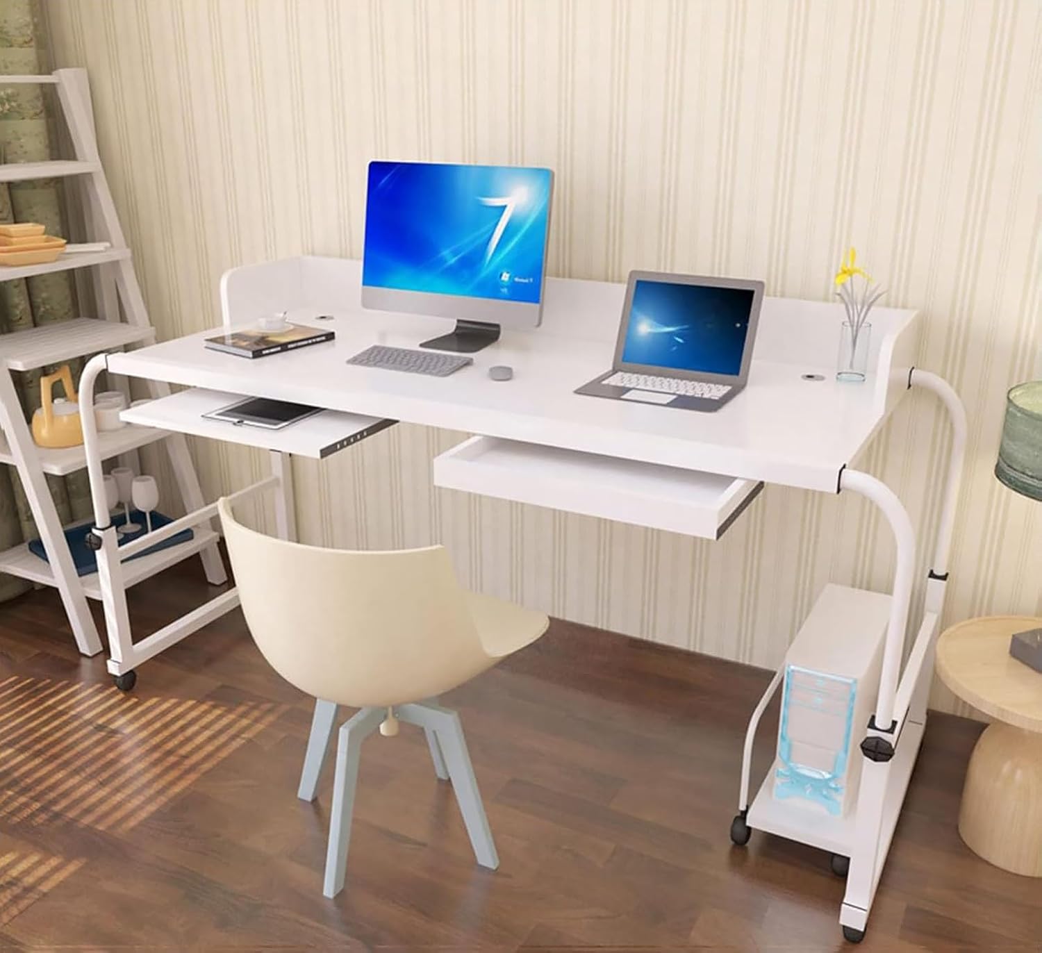 Overbed Table with Wheels, Rolling Laptop Stand Over Bed Desk, Trolley Mobile Writing Study Desk,Adjustable Length and Height Hospital Tray Table 140cm