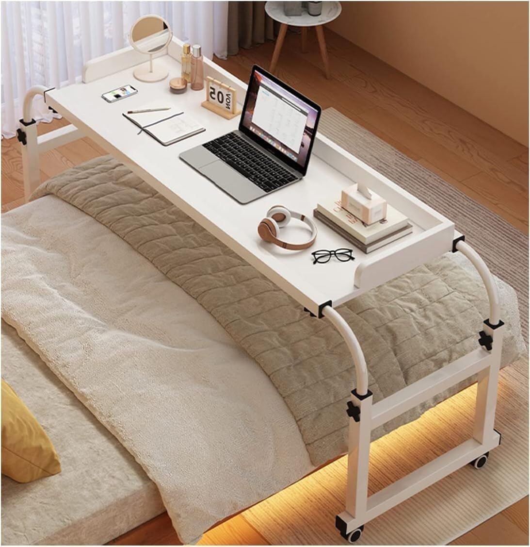 Overbed Table Cross-Bed with 4 Wheels Laptop Stand Cart Over The Bed Table Hospital Bedside Table Mobile Desk Adjustable for Bedroom Living Room Sofa