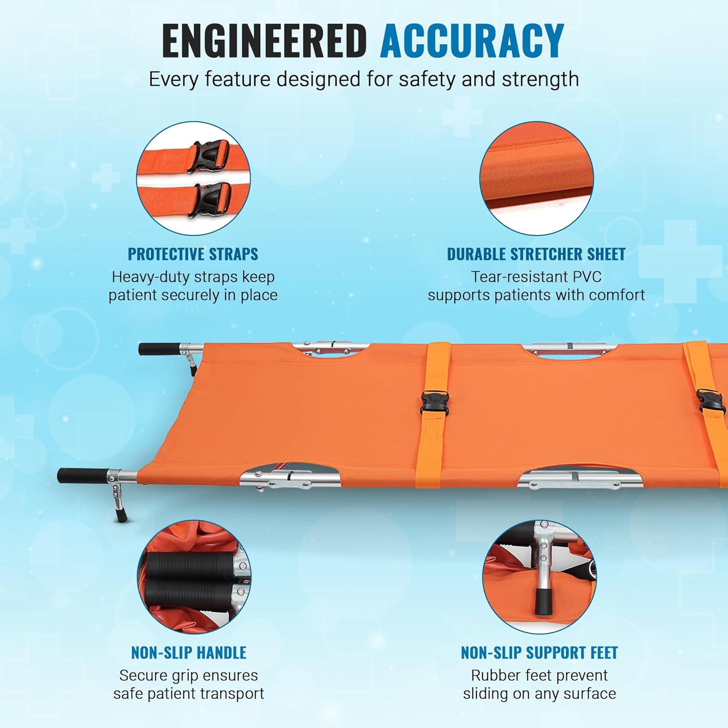 Primacare FS-3205 Foldable Emergency Medical Stretcher – Portable Patient Transport with Carry Bag, Backpack Straps, Heavy Duty Handles & Rubber Feet – Lightweight & Durable