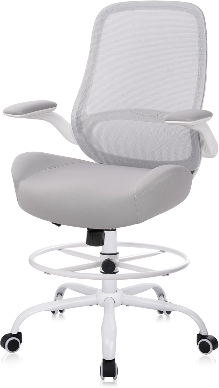 HYLONE Drafting Chair Tall Office Chair with Flip-Up Armrests Ergonomic Computer Chair with Lumbar Support Adjustable Footrest Ring Mesh Standing Desk Chair (Grey)