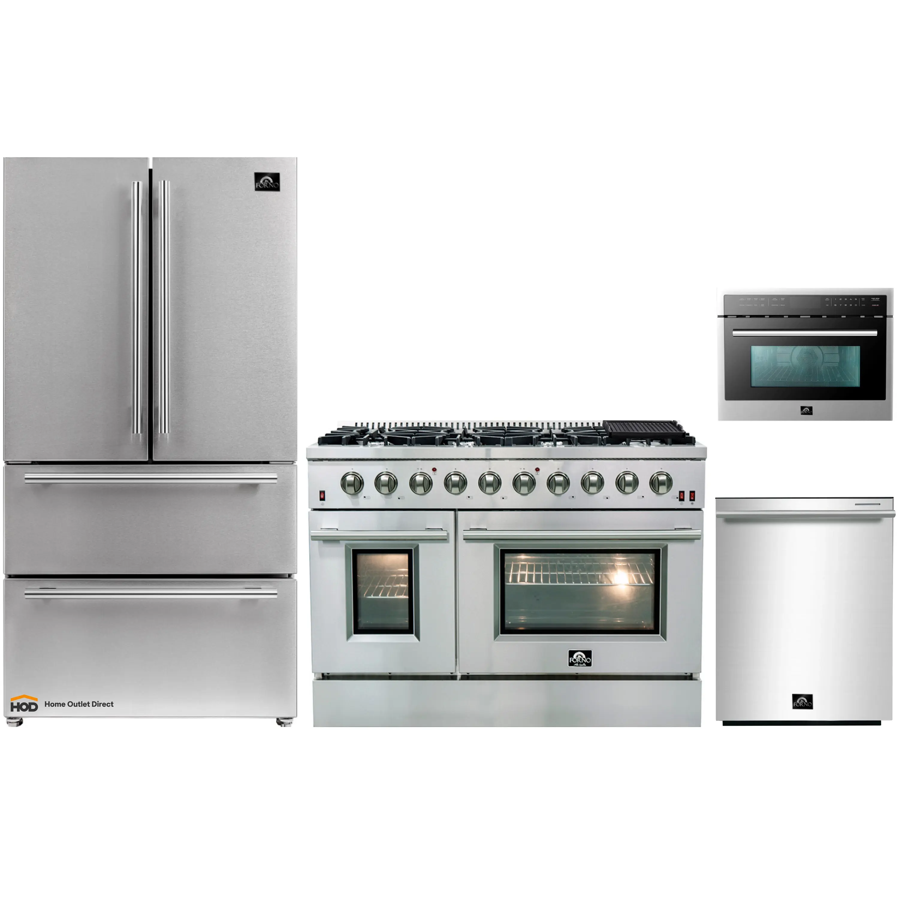 Forno 4-Piece Appliance Package - 48-Inch Gas Range, Refrigerator, 24-Inch Microwave Oven, & 3-Rack Dishwasher in Stainless Steel