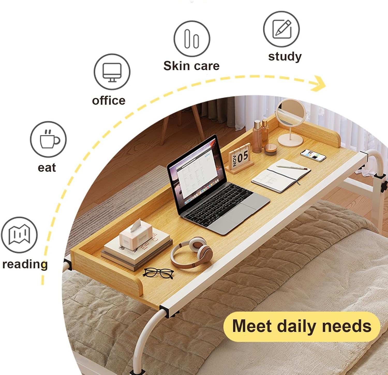 Overbed Desk, Overbed Table with Wheels, Rolling Desk Over Bed Adjustable Height, Queen Size Mobile Computer Desk, Over Bed Desk Rolling Medical Table, for Hospital and Home