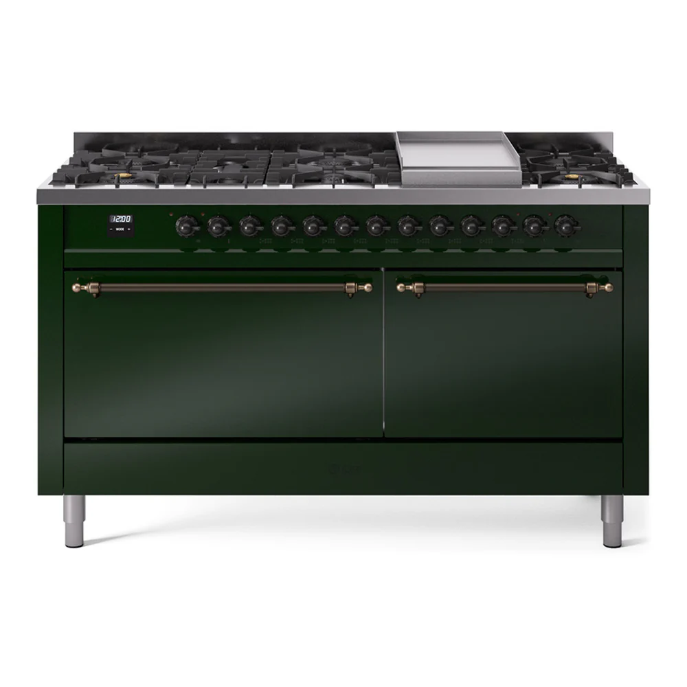 ILVE 60-Inch Nostalgie II Dual Fuel Range with 9 Burners, Griddle and Solid Door Oven in Emerald Green with Bronze Trim (UP60FQNMPEGB)