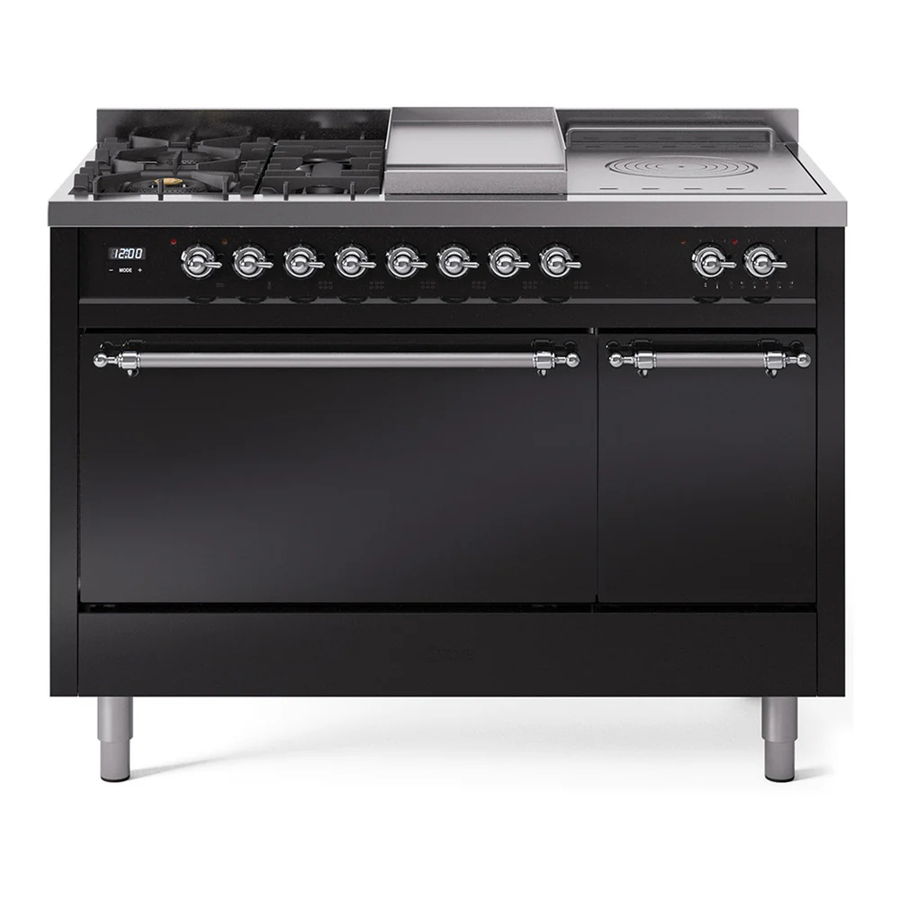 ILVE Nostalgie II 48-Inch Dual Fuel Range with 5 Burners, Griddle, & French Top, with Solid Door Oven in Glossy Black with Chrome Trim (UP48FSQNMPBKC)