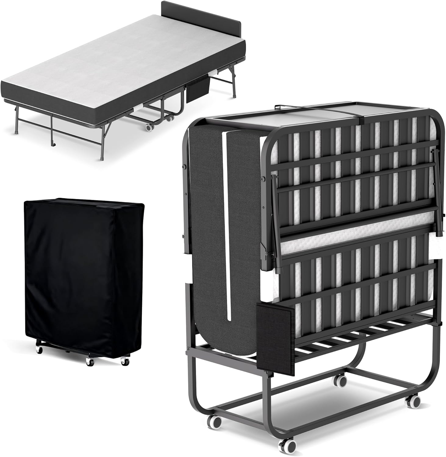 Folding Bed with Mattress,Rollaway 5-Inch Memory Foam Foldable Guest Bed for Adults,500lbs Capacity with Storage Cover and Sturdy Metal Frame,Adjustable Headboard and Side Storage Pocket,75