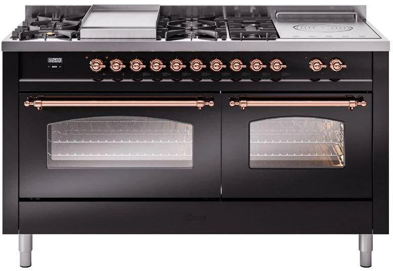 ILVE Nostalgie II 60-Inch Dual Fuel Range with 7 Burners, Griddle, & French Top with Triple Glass Door Oven in Glossy Black with Copper Trim (UP60FSNMPBKP)