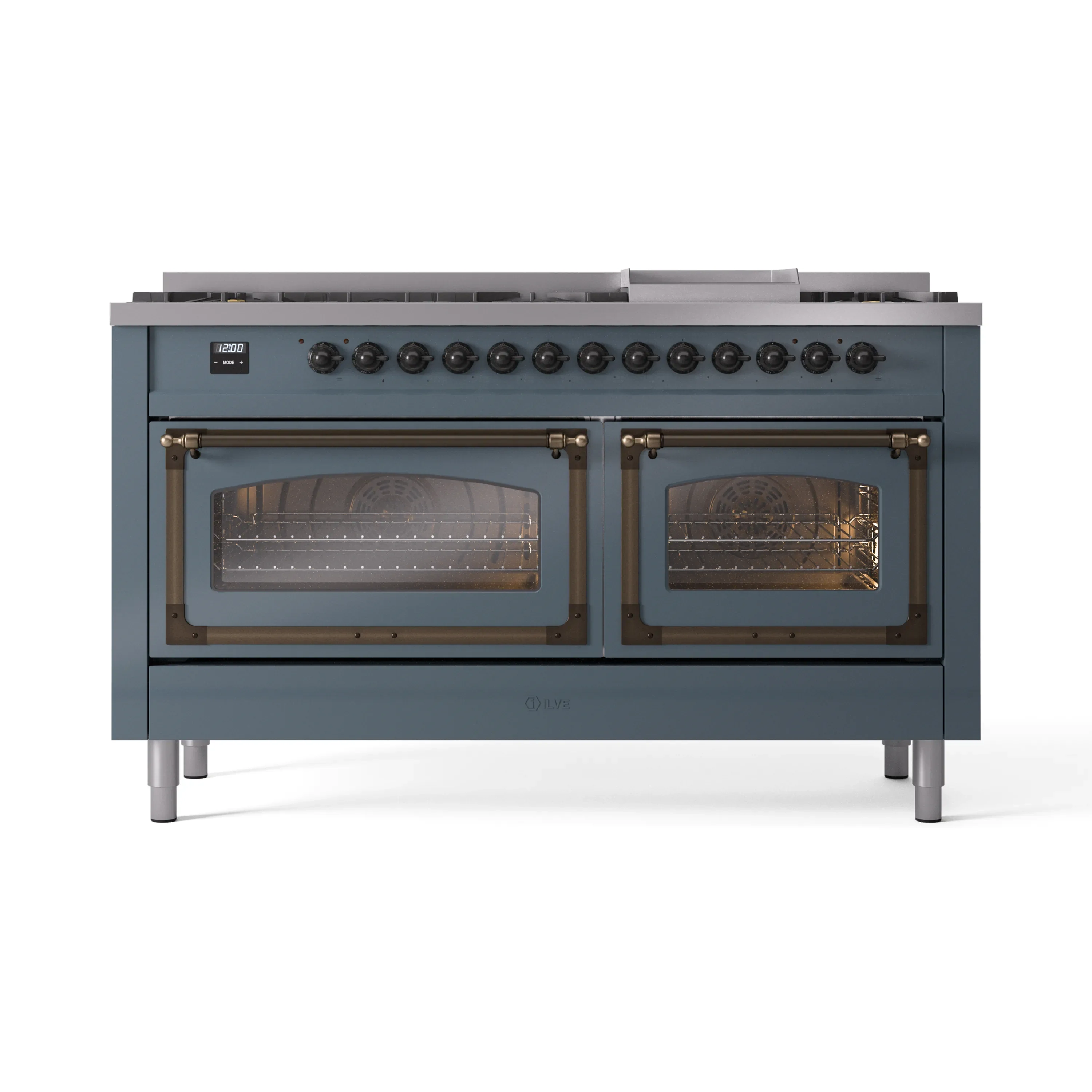 ILVE 60-Inch Nostalgie II Dual Fuel Range with 9 Burners, Griddle and Triple Glass Door Oven in Blue Grey with Bronze Trim (UP60FNMPBGB)
