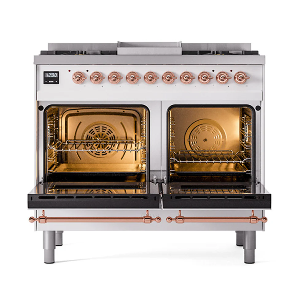 ILVE 40-Inch Nostalgie II Dual Fuel Range with 6 Burners, Griddle and Solid Door Oven in Custom RAL with Copper Trim (UPD40FQNMPRAP)