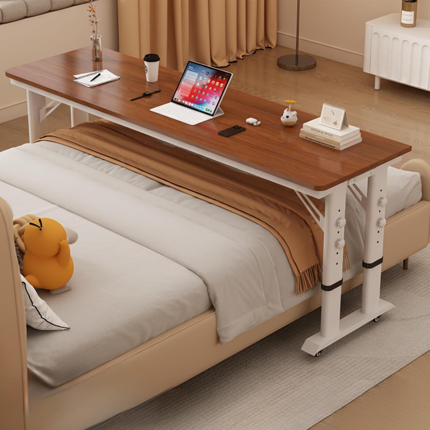 Over Bed Table with Wheels, Over The Bed Desk with Baffle Adjustable Height, Dual-Leg Design, Mobile Laptop Cart Computer Desk for Home, Hospital, Dorm Use