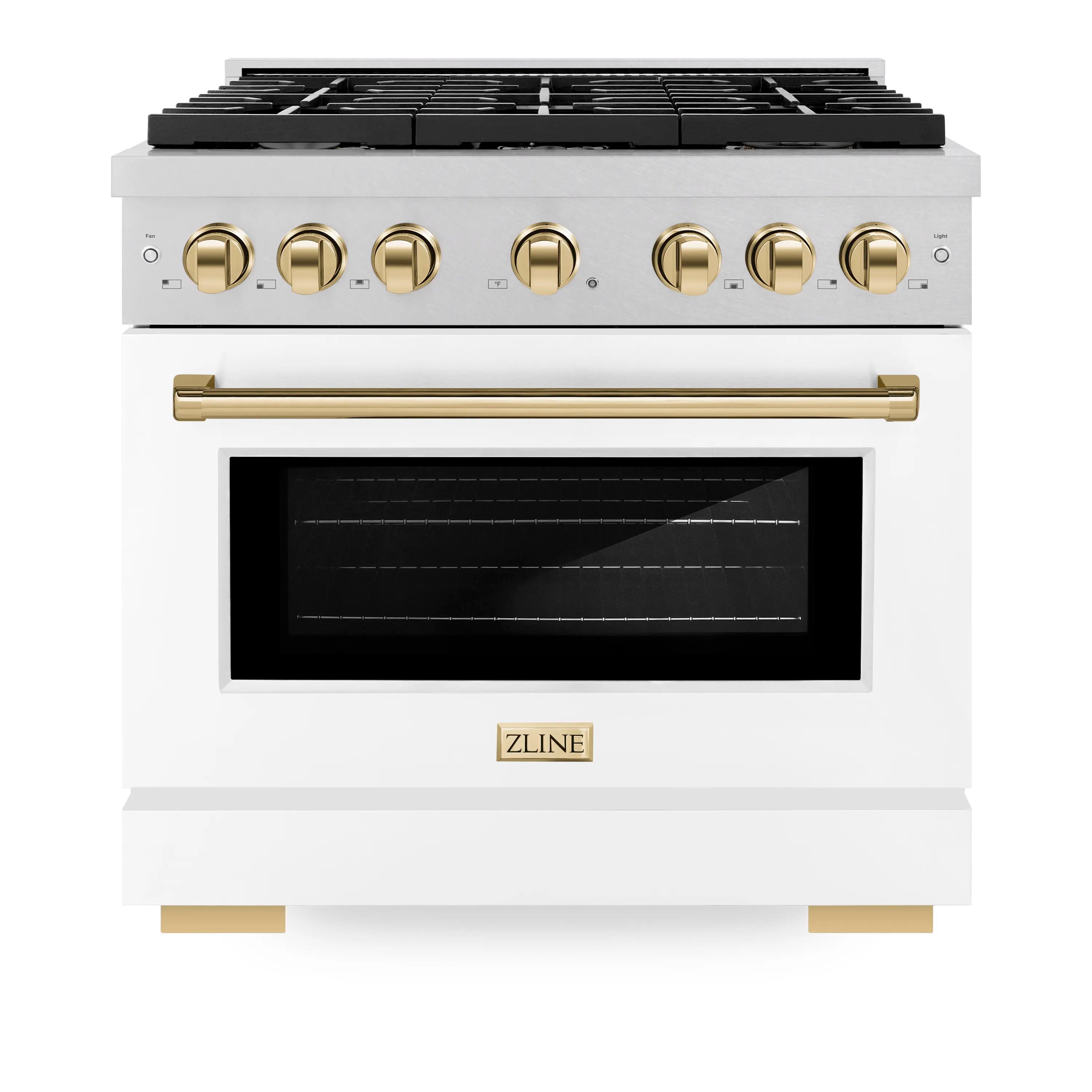 ZLINE Autograph Edition 36 in. 5.2 cu. ft. Paramount Dual Fuel Range with 6 Burner Gas Cooktop and Electric Convection Oven in Satin Stainless Steel with White Matte Door and Polished Gold Accents (SDRSZ-WM-36-G)