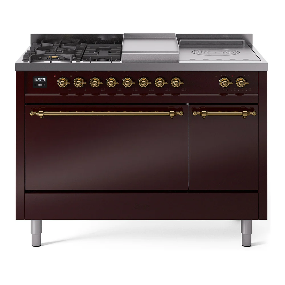 ILVE Nostalgie II 48-Inch Dual Fuel Range with 5 Burners, Griddle, & French Top, with Solid Door Oven in Burgundy with Brass Trim (UP48FSQNMPBUG)