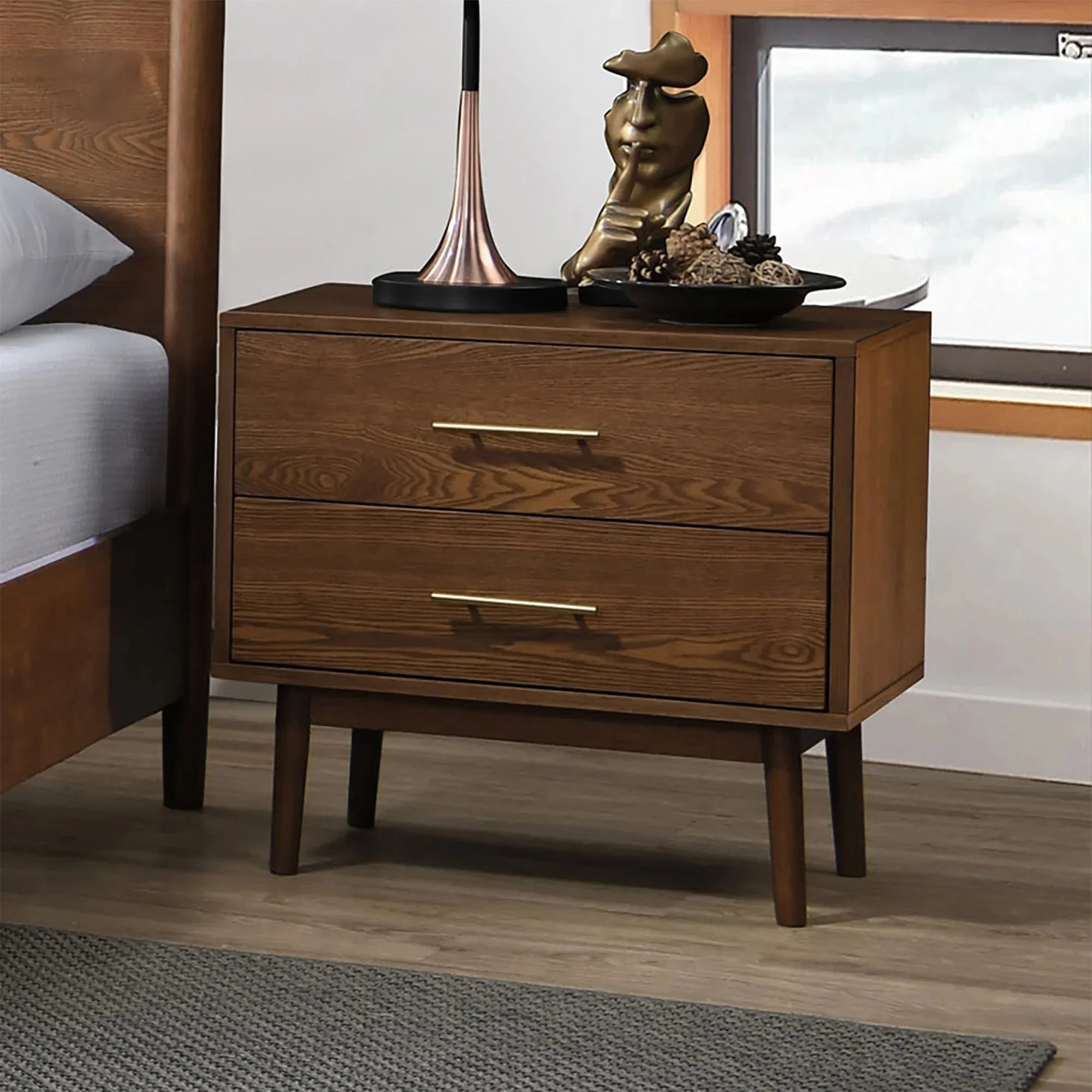 Parrot Uncle Tromso Mid-Century Modern 23-Inch Nightstand with 2-Drawer and Round Tapered Legs in Walnut (FM7220WN-N-PU)