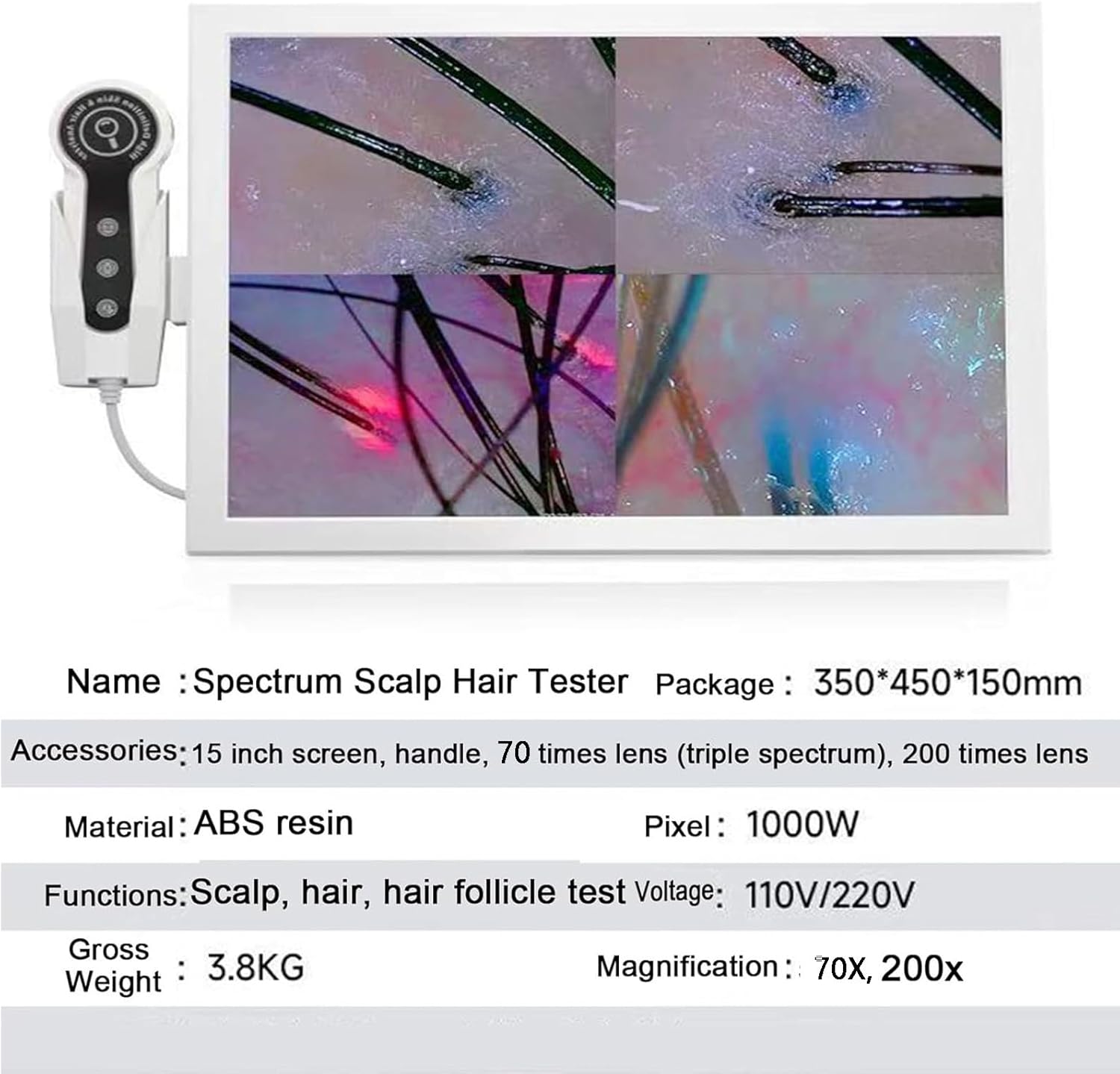 15Inch Multi-Functional Hair Follicle Skin Analyser, 70x/200x Scalp Detector Machine for Home & Salon Use, Professional Hair & Scalp Health Monitor