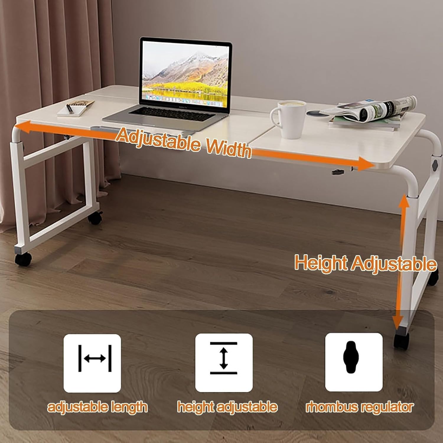 Adjustable Overbed Table with Wheels, Mobile Hospital Bedside Desk, Height & Length Adjustable, Tiltable Computer Workstation, for Home Use, Teak Finish(100cm)
