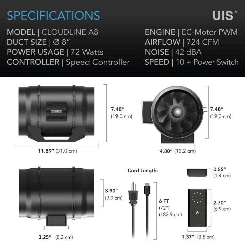 AC Infinity CLOUDLINE Lite A8 8-In. Inline Duct Fan w/ Speed Controller