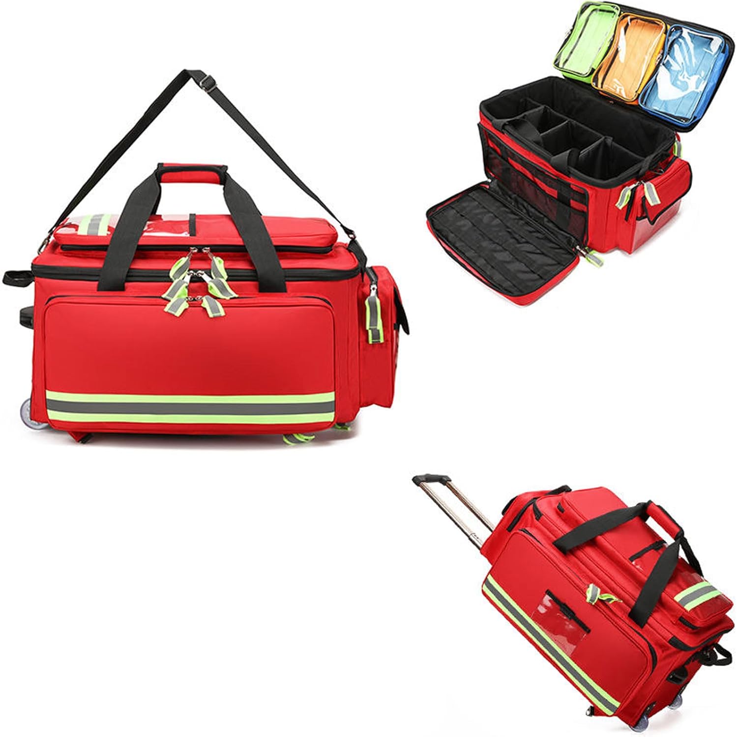 Portable First Aid Bag, Large Capacity Medical Bag with Wheels, Multi-Pocket Interior, Non-Slip Feet, Emergency Medical Backpack for Home & Clinical