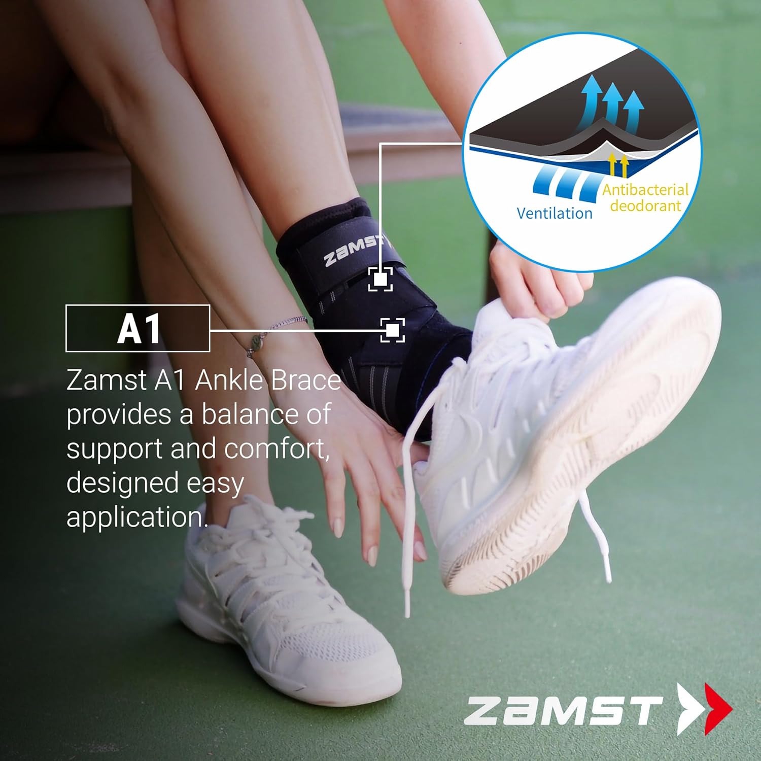 Zamst A1 Black Ankle Brace for Sports - Breathable Sports Ankle Support for Men and Women with Adjustable Three Way Straps for Moderate Lateral Ankle Sprain - Left, Medium