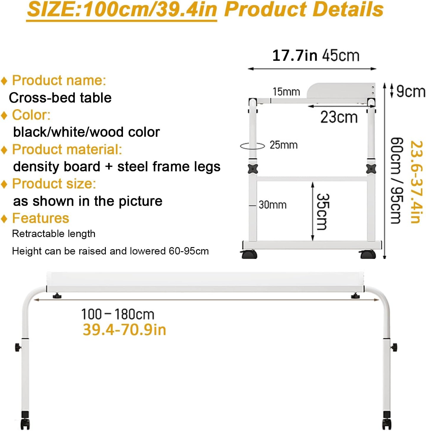 Adjustable Over Bed Desk with Wheels, Mobile Rolling Laptop Table, Height & Width Adjustable Standing Workstation, Portable Medical Overbed Table