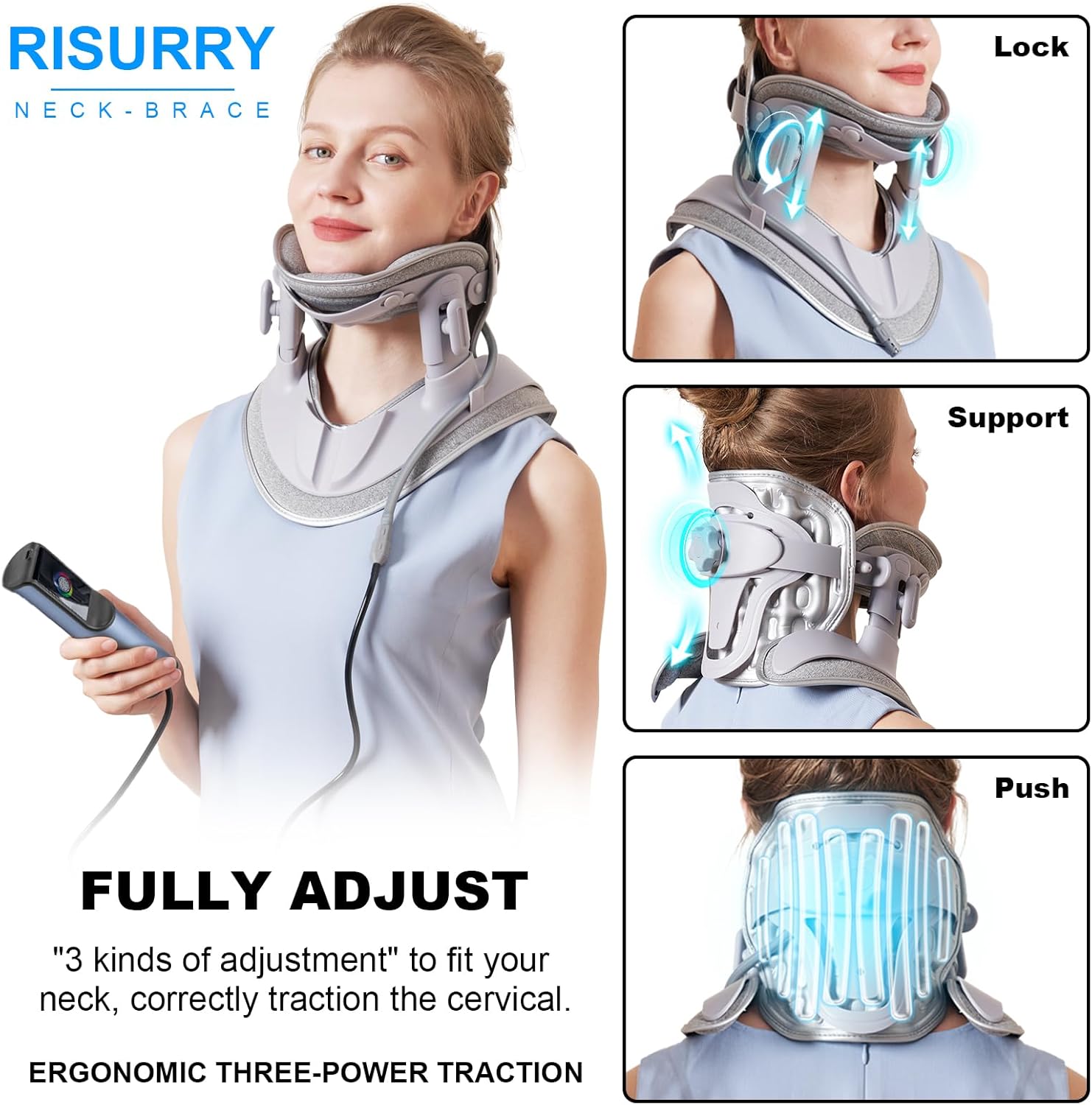 Cervical Neck Traction Device Fast Air Pump Neck Brace, Adjustable Inflatable Neck Stretcher with 3 Power Tractions Pain Relief Neck Decompression Tension Relief