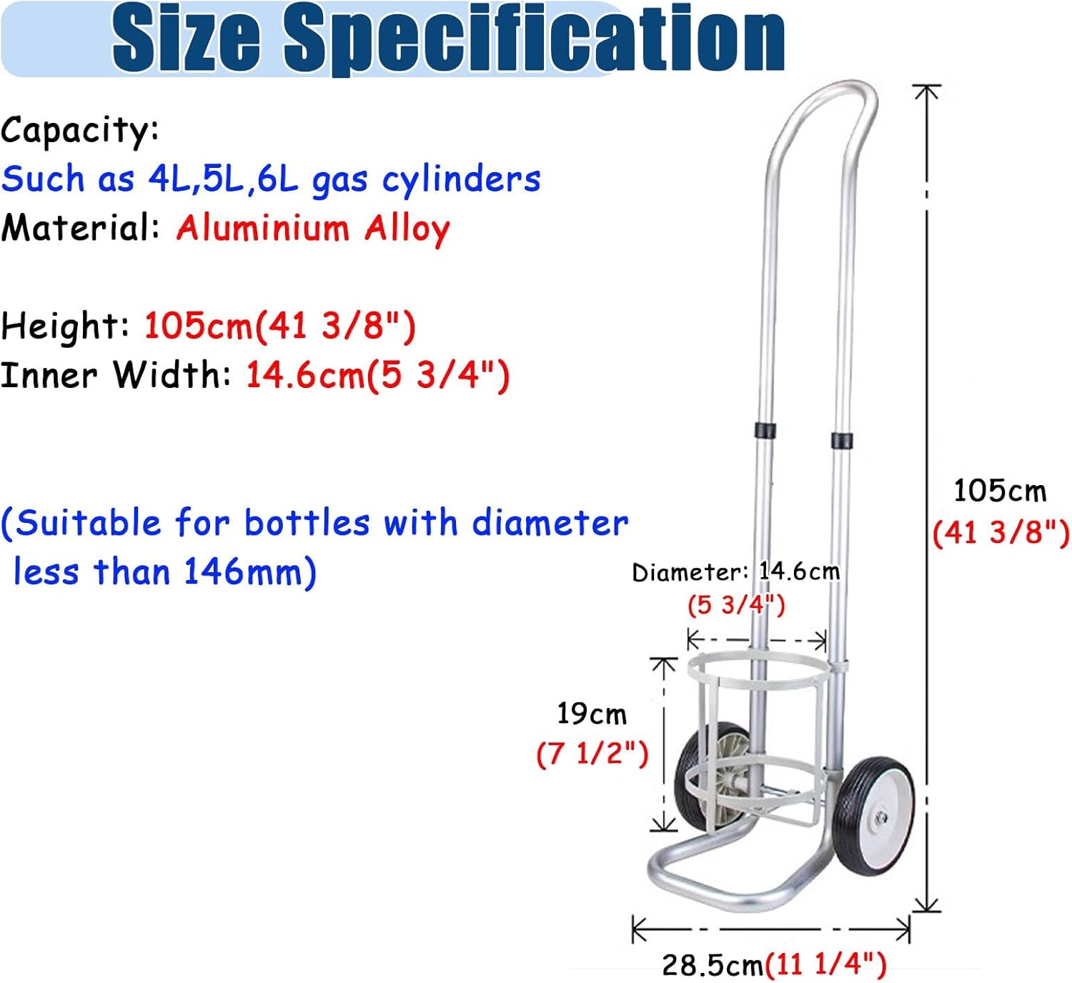 Medical Oxygen Tank Dolly Cart, Lightweight Aluminum Adjustable Trolley for Hospital and Clinic Use, Durable Cylinder Holder,Diameter: 146mm