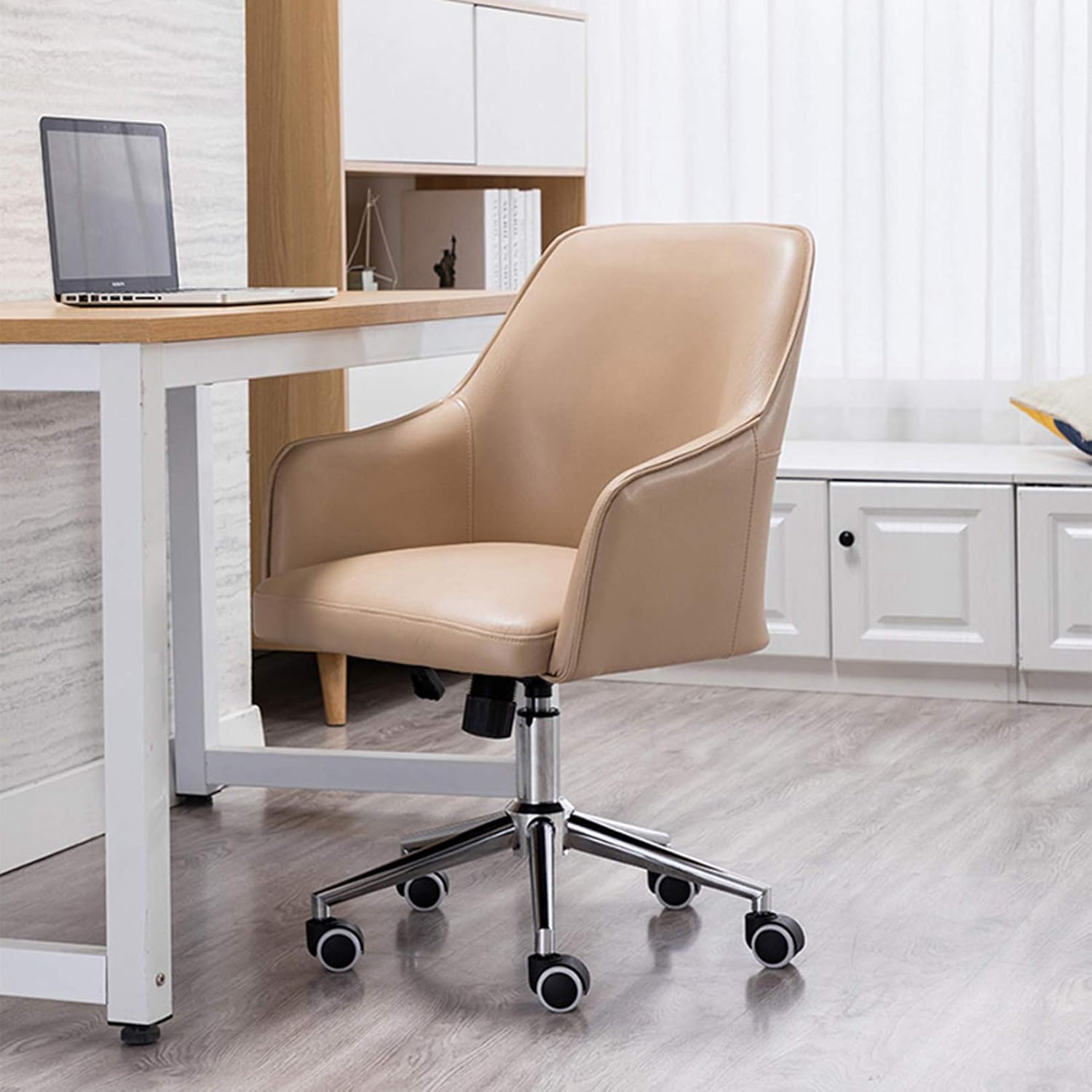 Comfy Office Chair Home Office Chair Ergonomic Desk Chair Pu Leather Computer Chair with Lumbar Support Armrest Swivel Adjustable Mid Back Task Chair for Home Office Chai,Khaki