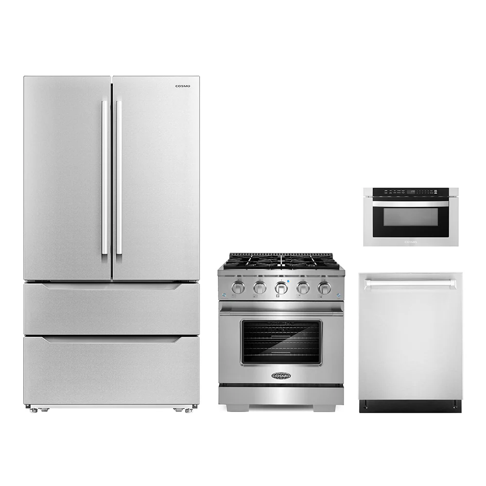 Cosmo 4-Piece Appliance Package - 30-Inch Gas Range, Dishwasher, Refrigerator and Microwave Drawer in Stainless Steel (COS-4PKG-282)