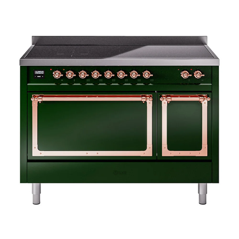 ILVE Nostalgie II Noblesse 48-Inch Induction Range with Solid Door Oven in Emerald Green with Copper Trim (UNI486QNMPEGP)