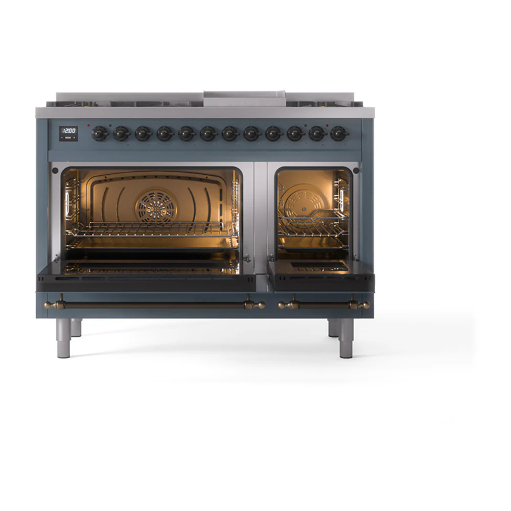 ILVE Nostalgie II Noblesse 48-Inch Dual Fuel Freestanding Range with Solid Door Oven in Blue Grey with Bronze Trim (UN48FQNMPBGB)