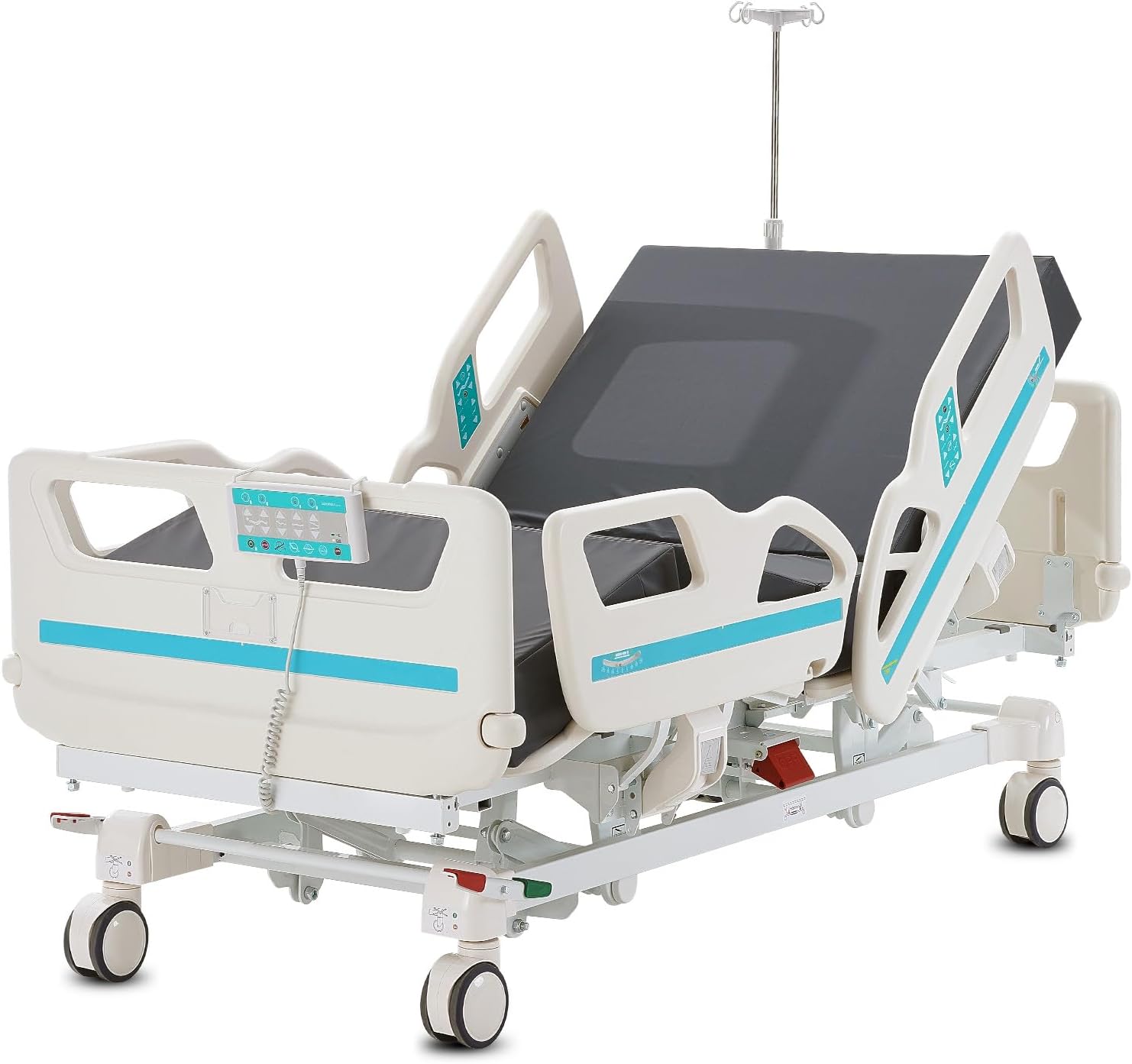 VEVOR Premium 5 Function Full Electric Hospital Bed with Cardiac Chair Position Trendelenburg & Reverse Trendelenburg, ICU Medical Bed, 5-Inch Locking Casters for Home Hospital Use, 550LBS