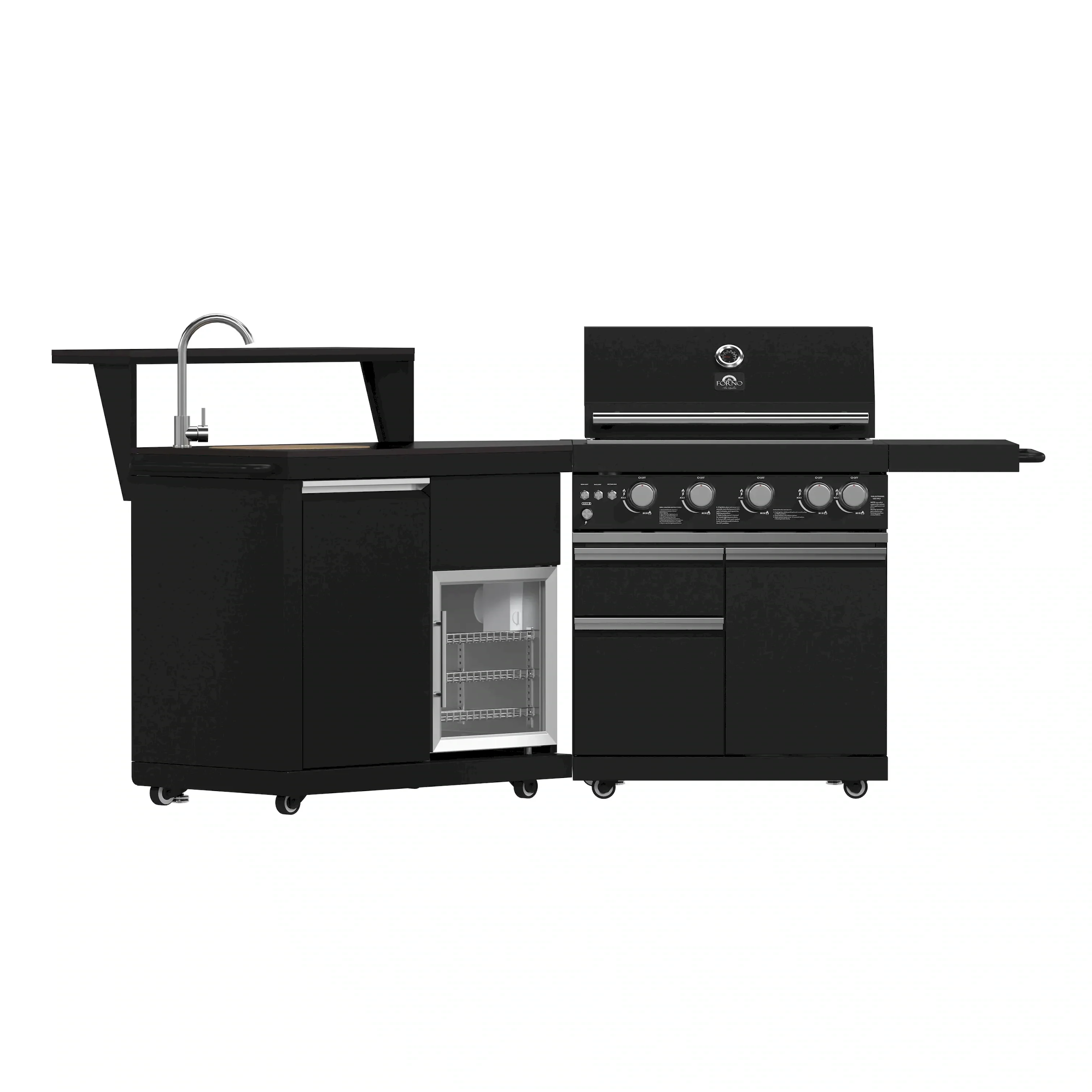 Forno All'Aperto 62,600 BTU BBQ with 3 Stainless-Steel Burners & Infrared Burners & Sink Module with Black Sintered Stone Countertops, Bar & Beverage Center (FODKT2582BLK)