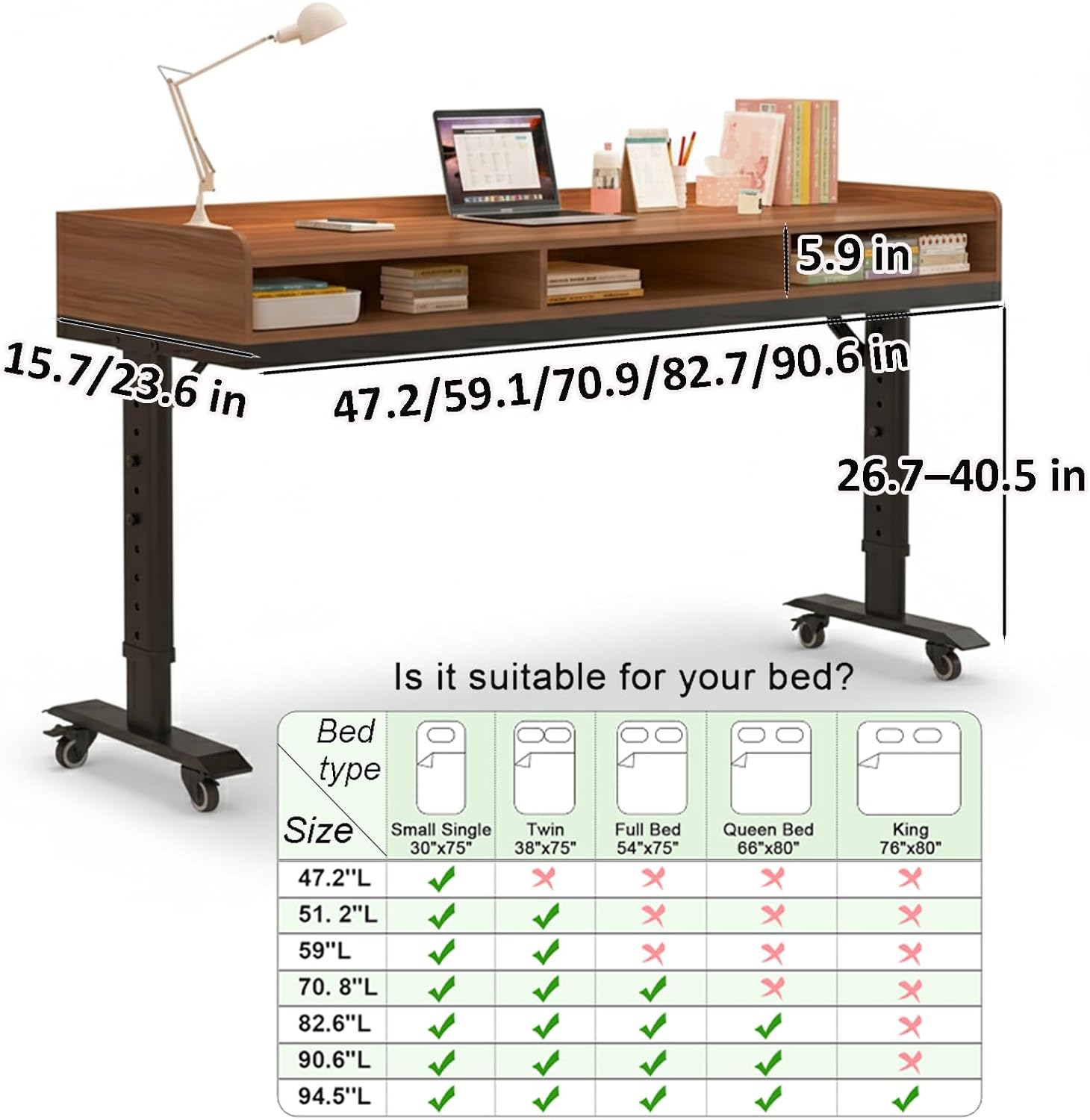 Height Adjustable Over Bed Table with Drawer & 3-Side Guard Rails, Over The Bed Table with Wheels, Rolling Over Bed Desk, Laptop Workstation for Bedroom, Living Room, Office, Hospital