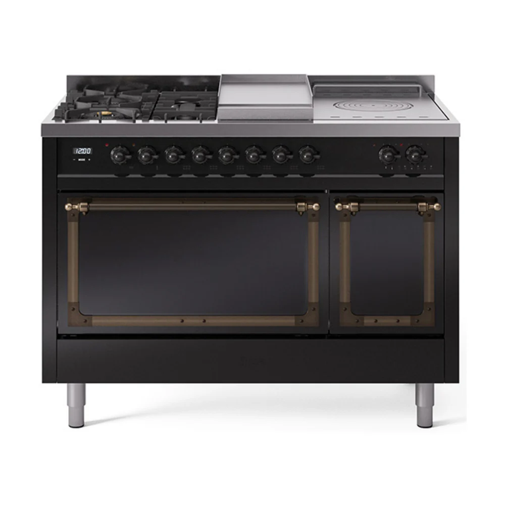 ILVE 48-Inch Nostalgie II Noblesse Dual Fuel Range with 5 Sealed Burners, Griddle, French Top and Solid Door Oven in Glossy Black with Bronze Trim (UN48FSQNMPBKB)