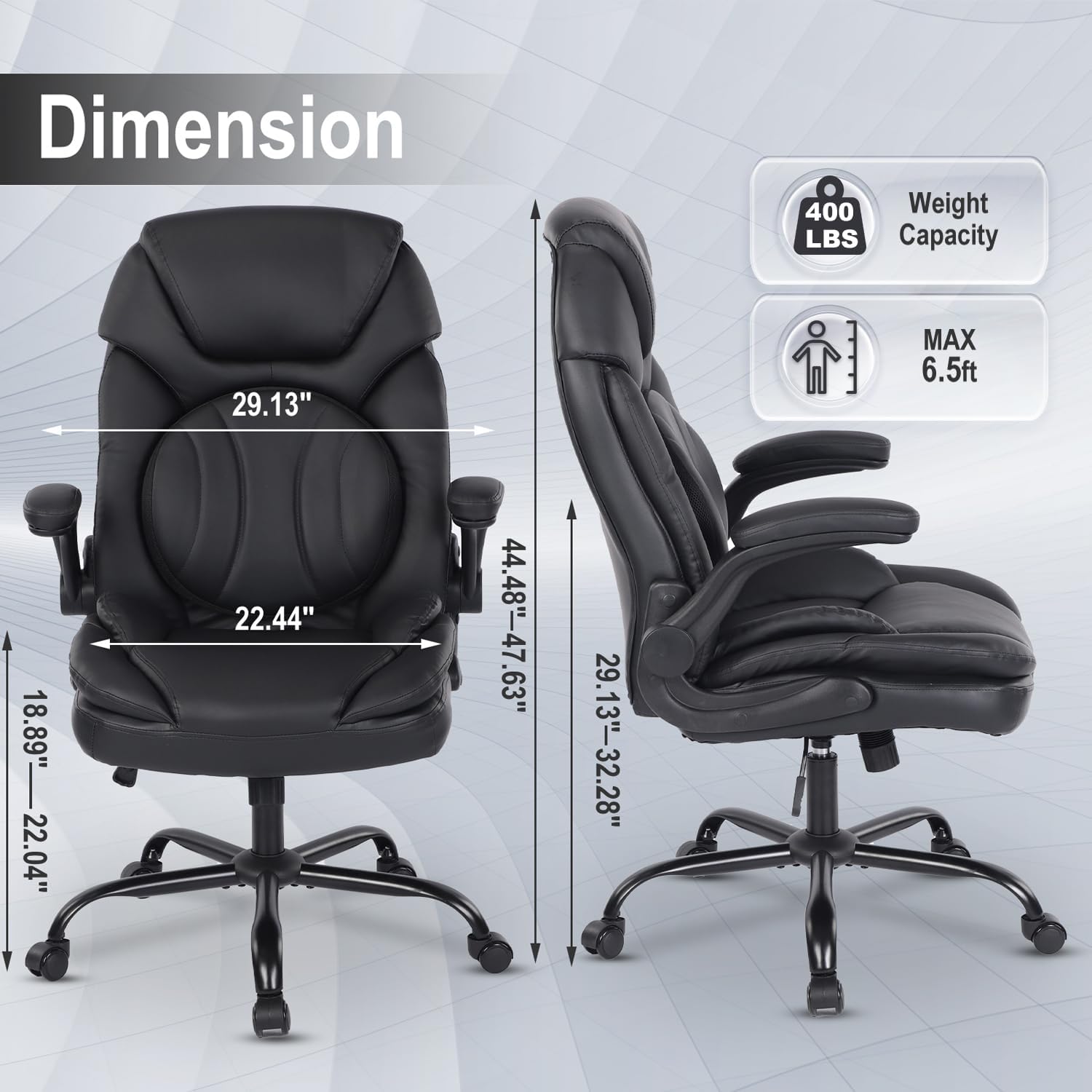 400lbs Wide Seat Executive Office Chair with Back Support Flip up Arms PU Leather Ergonomic Comfy Rocking Desk Chairs with Wheels, Black