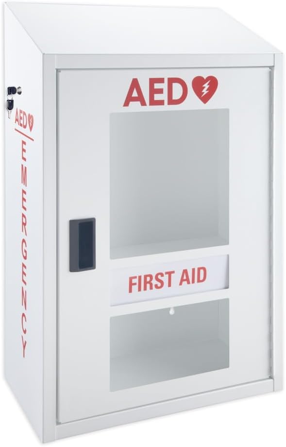Automated External Defibrillator AED Cabinet with Alarm (9V Battery Not Included) & First Aid Kit Storage | Wall Mount Compatible, Steel | for Home, School, Business, Gym | AED Not Included