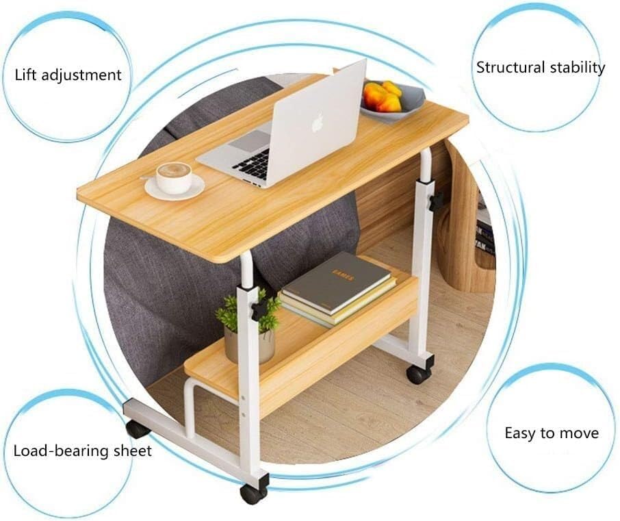 Adjustable Overbed Table with Wheels, Mobile Laptop Desk with Steel Frame, 2-Tier Side Table for Bedside, Office, Home Use(60x40cm)