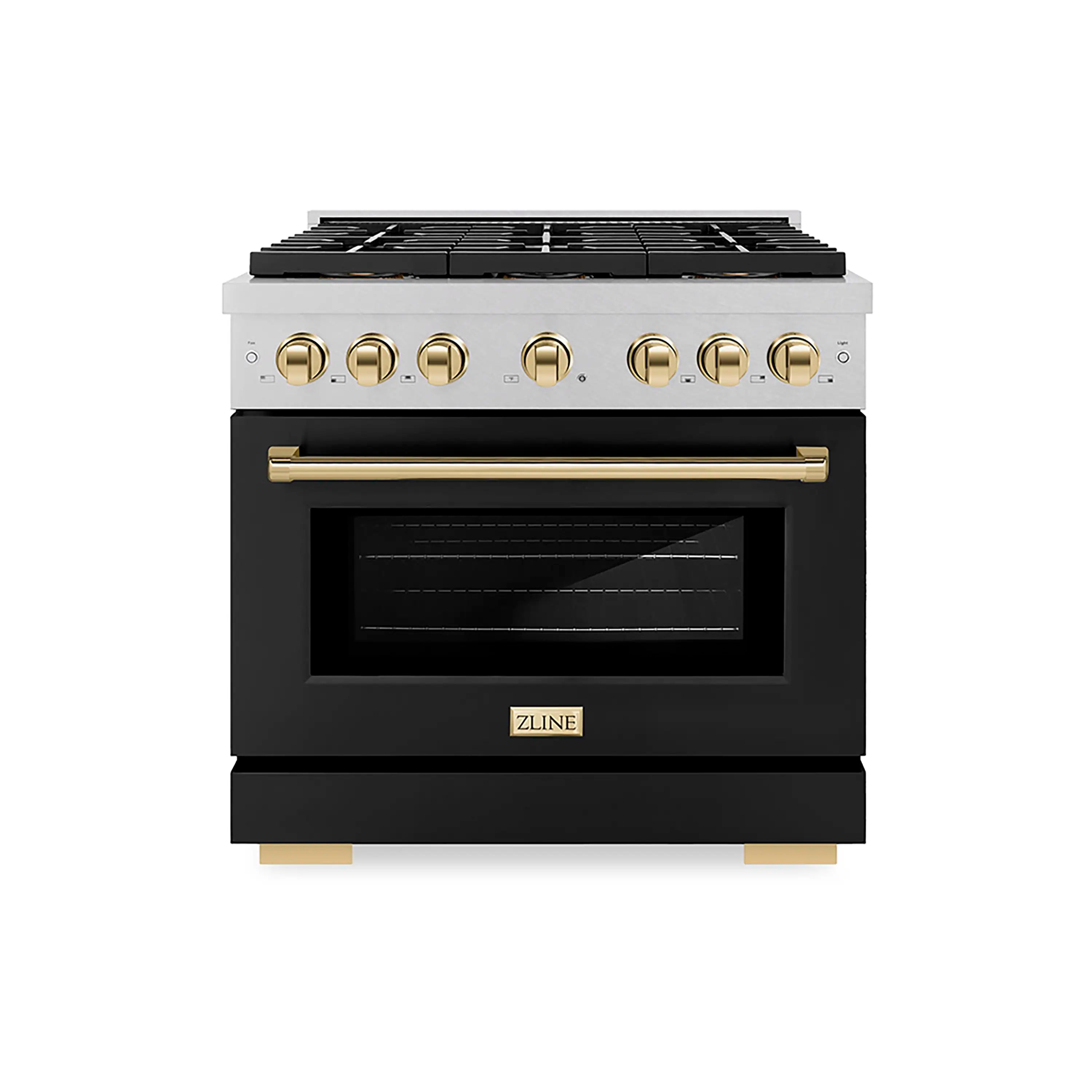ZLINE Autograph Edition 36-Inch 5.2 cu. ft. Paramount Gas Range with 6 Burner DuoPro鈩?Cooktop and Convection Gas Oven in Satin Stainless Steel with Black Matte Door and Polished Gold Accents (PSGRSZ-BLM36-G)