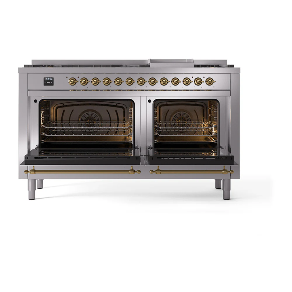 ILVE 60-Inch Nostalgie II Dual Fuel Range with 9 Burners, Griddle, and Solid Door Oven in Stainless Steel with Brass Trim (UP60FQNMPSSG)