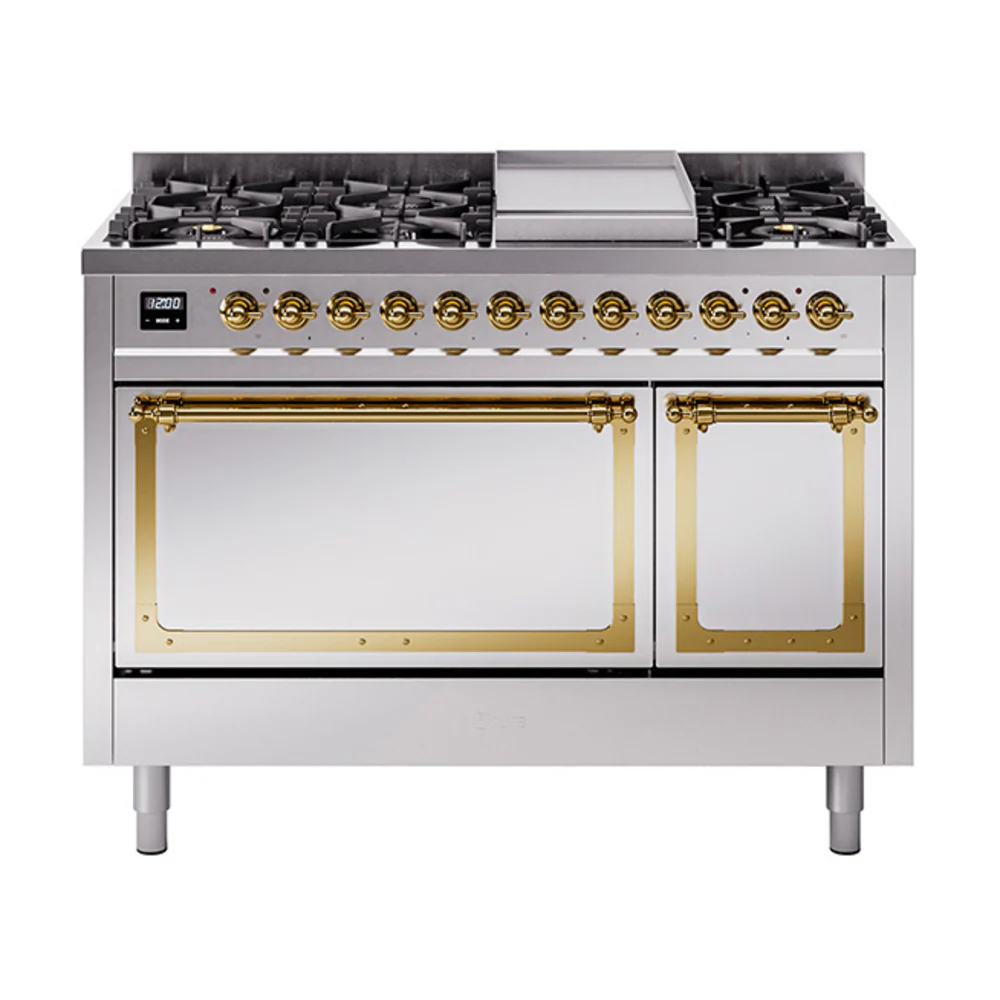 ILVE Nostalgie II Noblesse 48-Inch Dual Fuel Freestanding Range with Solid Door Oven in Stainless Steel with Brass Trim (UN48FQNMPSSG)