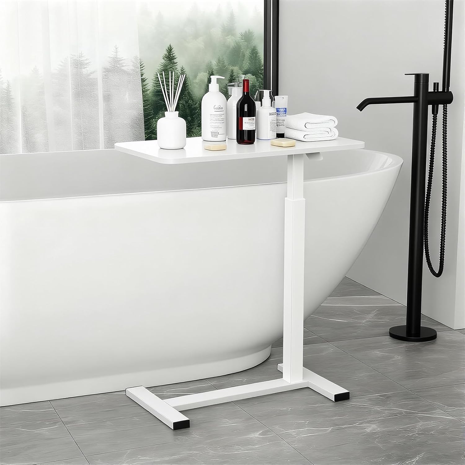 15.8''Wx31.5'D'x37.1''H Pneumatic Hospital Bed Table Adjustable End Table, Overbed Bedside Table with Wheels,Rolling Bedside Desk,Medical Desk Laptop Cart for Hospital Home Use,White